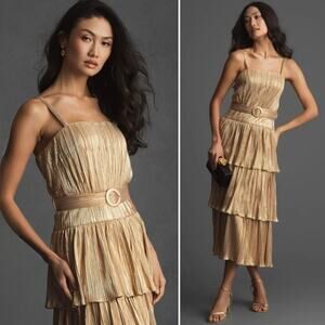 Mac Duggal Gold Metallic Pleated Ruffle Tiered Midi Dress Belted Size 8 NWT